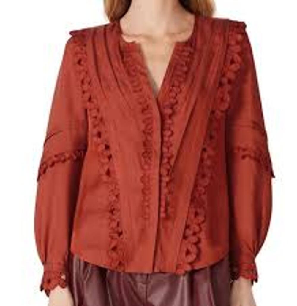 Rebecca Taylor NYC Embroidered Button Up Long Sleeve Blouse Brick Women's Size 8